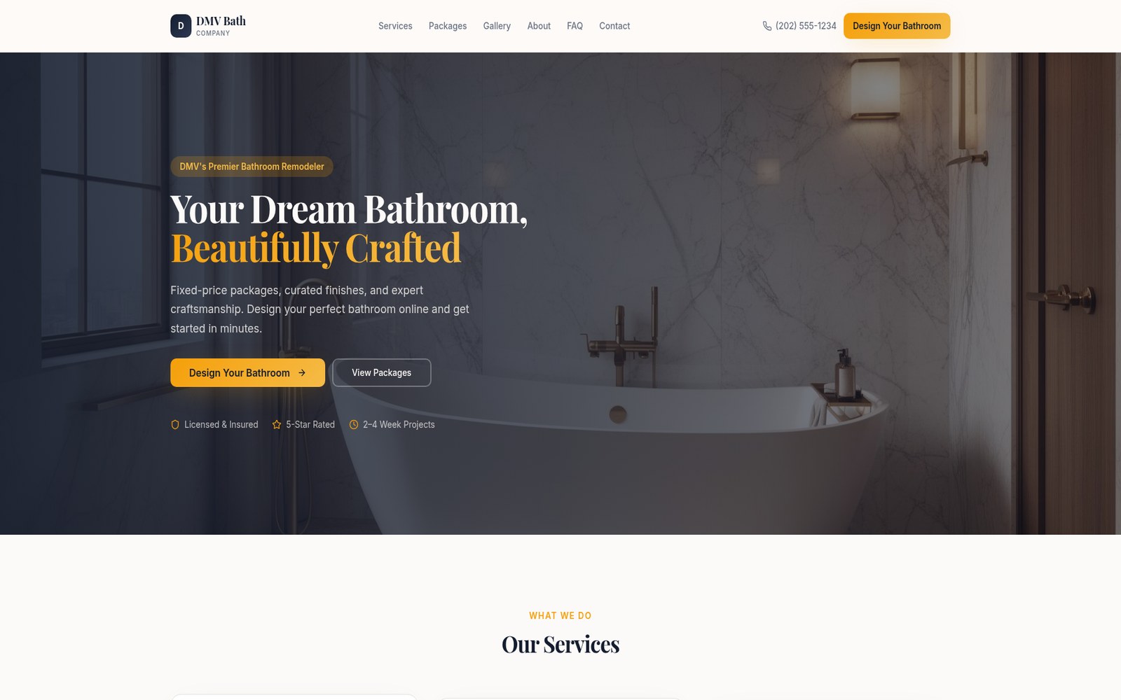 Homepage design for DMV Bath Company