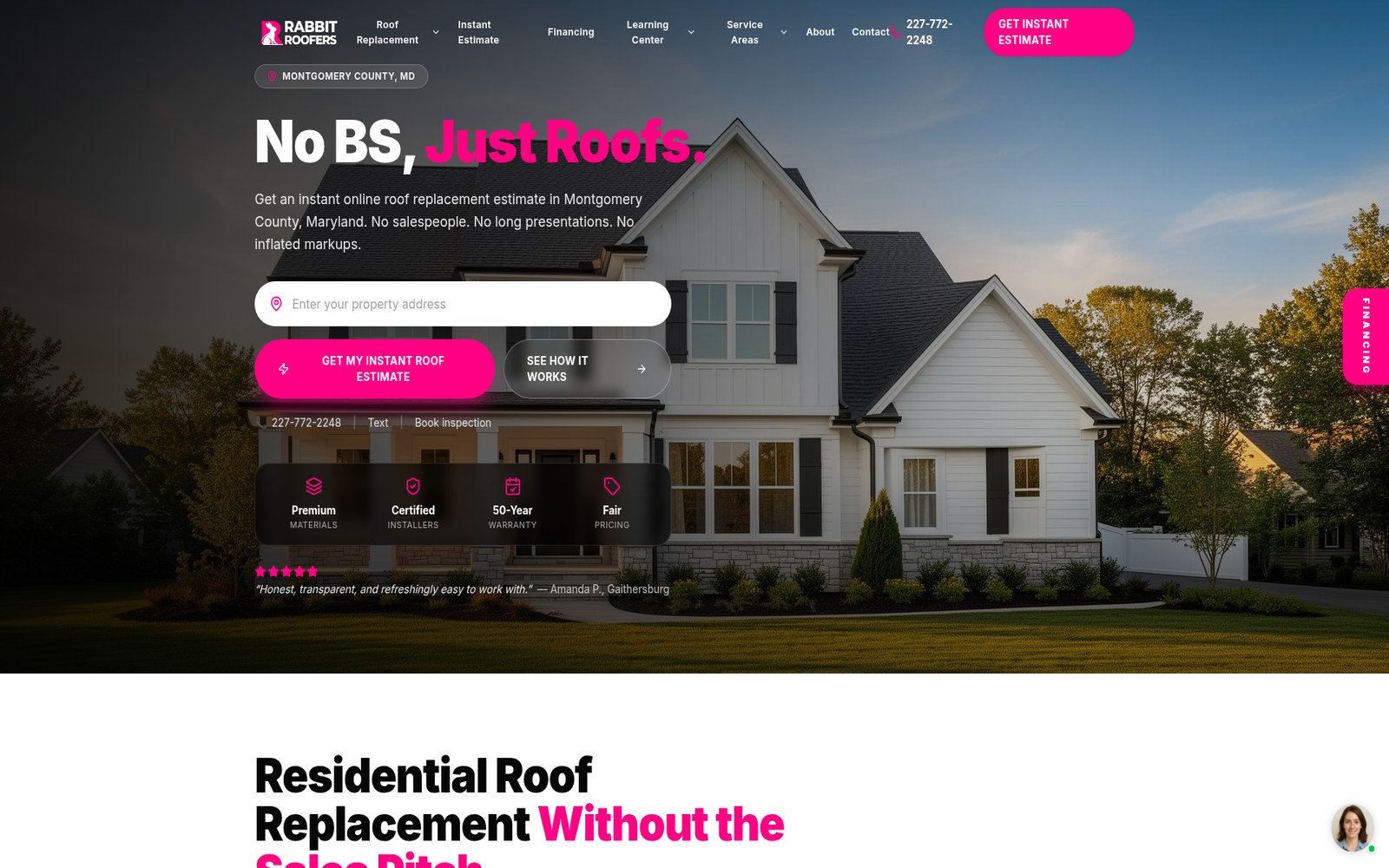Homepage design for Rabbit Roofers, a Montgomery County roofing company